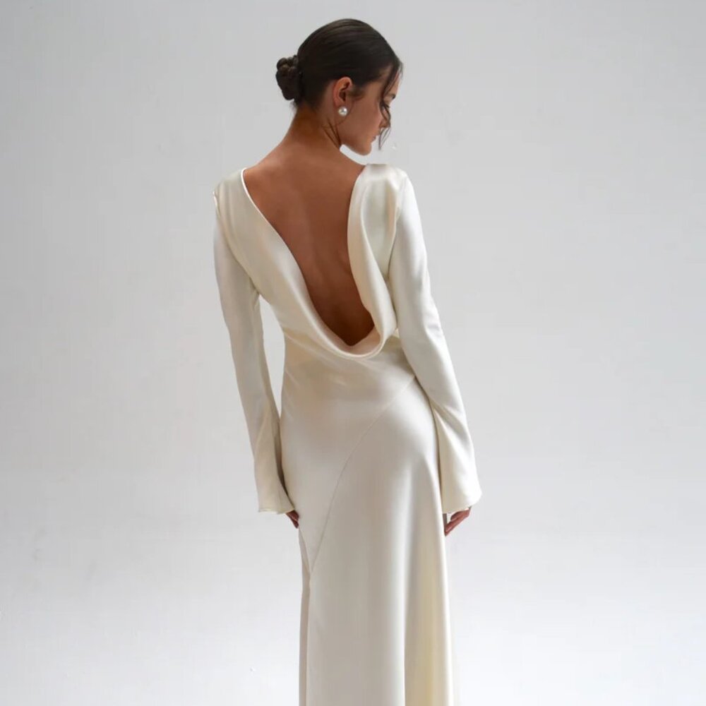 Satin Ivory Backless Long-Sleeve Wedding Gown